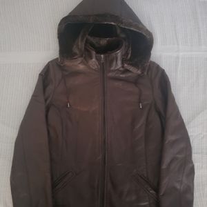 Danier black ladies leather coat w/hood - SML